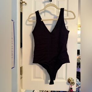 Black V-Neck Thong Bodysuit